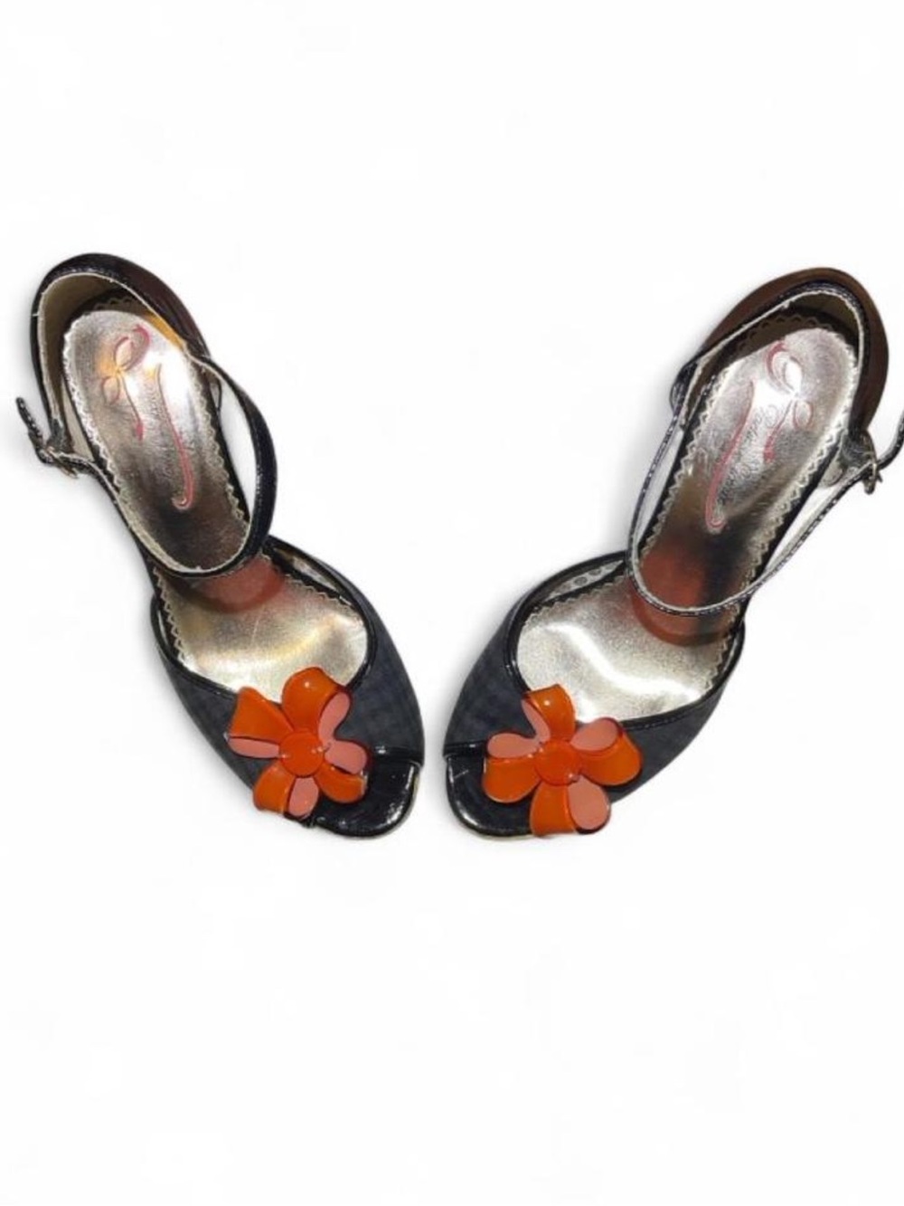 Poetic Licence Black Platform Peep-Toe Heels with Orange Flower Accent - Picture 6 of 7